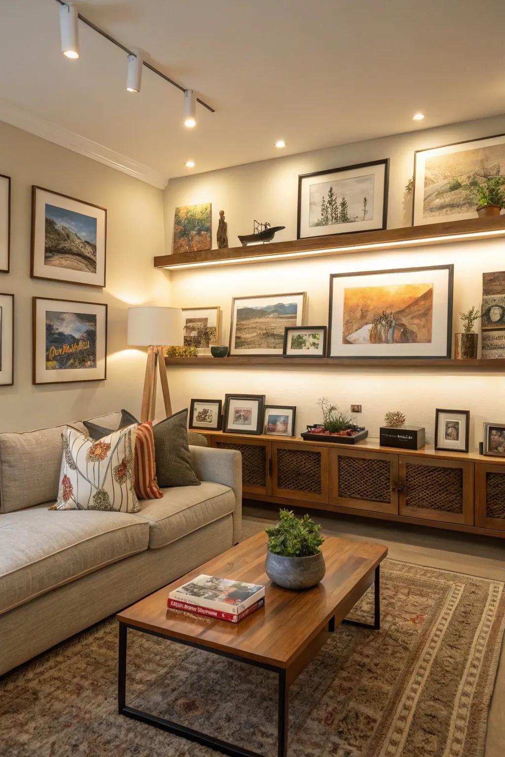 Display ledges provide adaptability for ever-evolving art showcases.