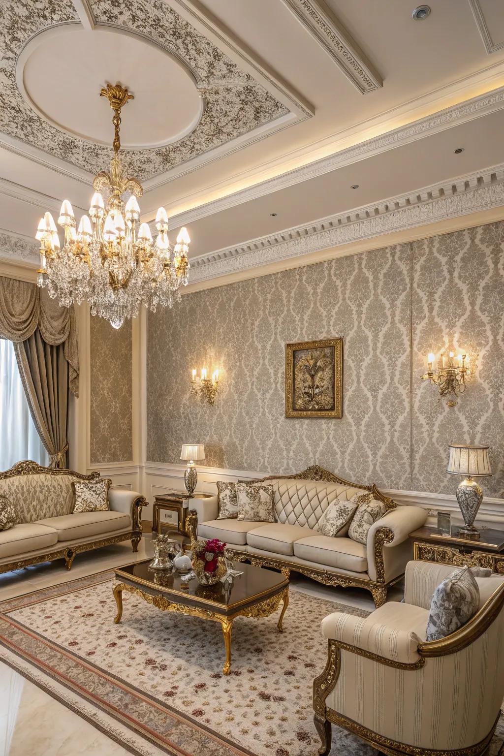 A living space that feels akin to a palace through a regal wallpaper border.