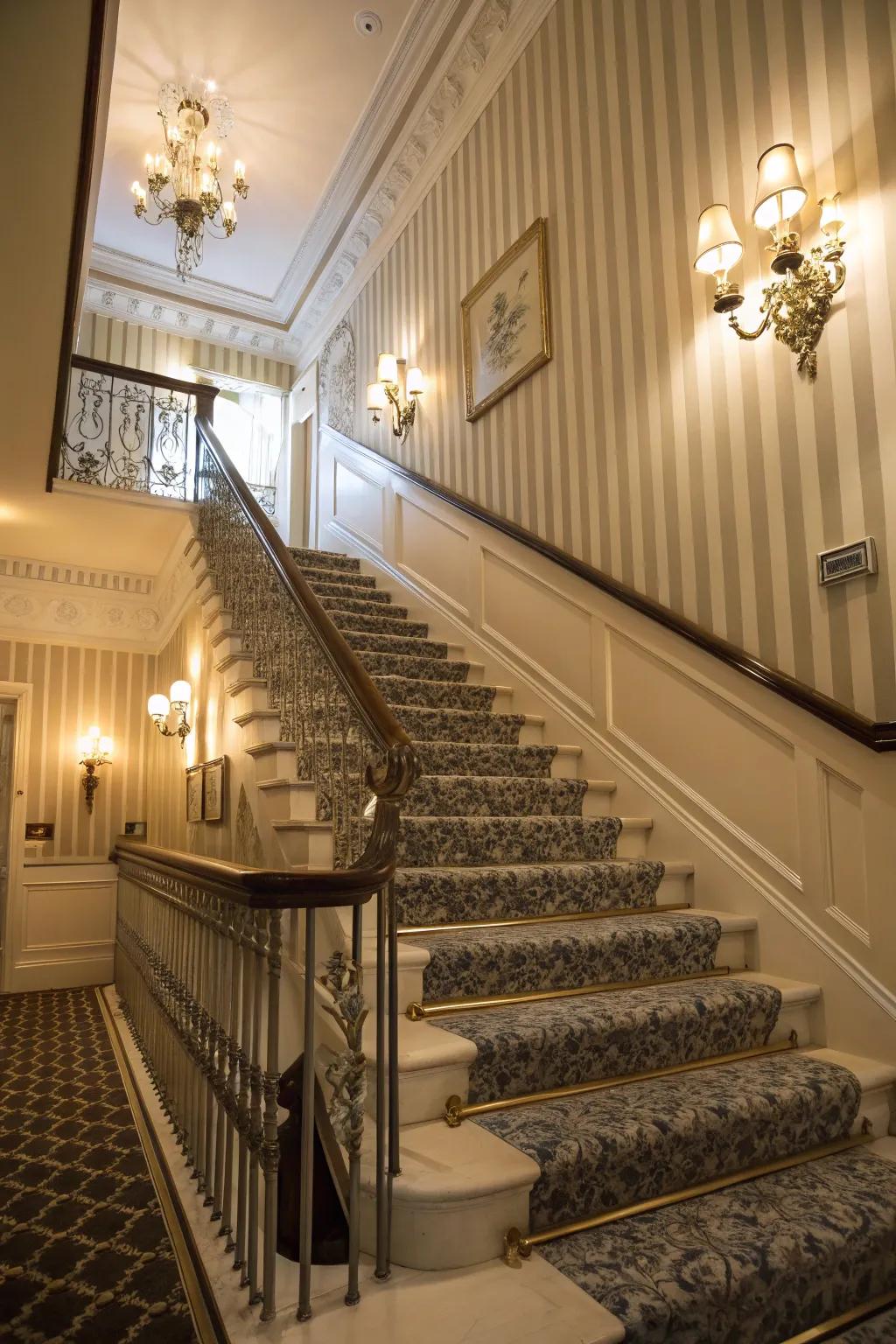 Timeless charm through banded wallpaper.