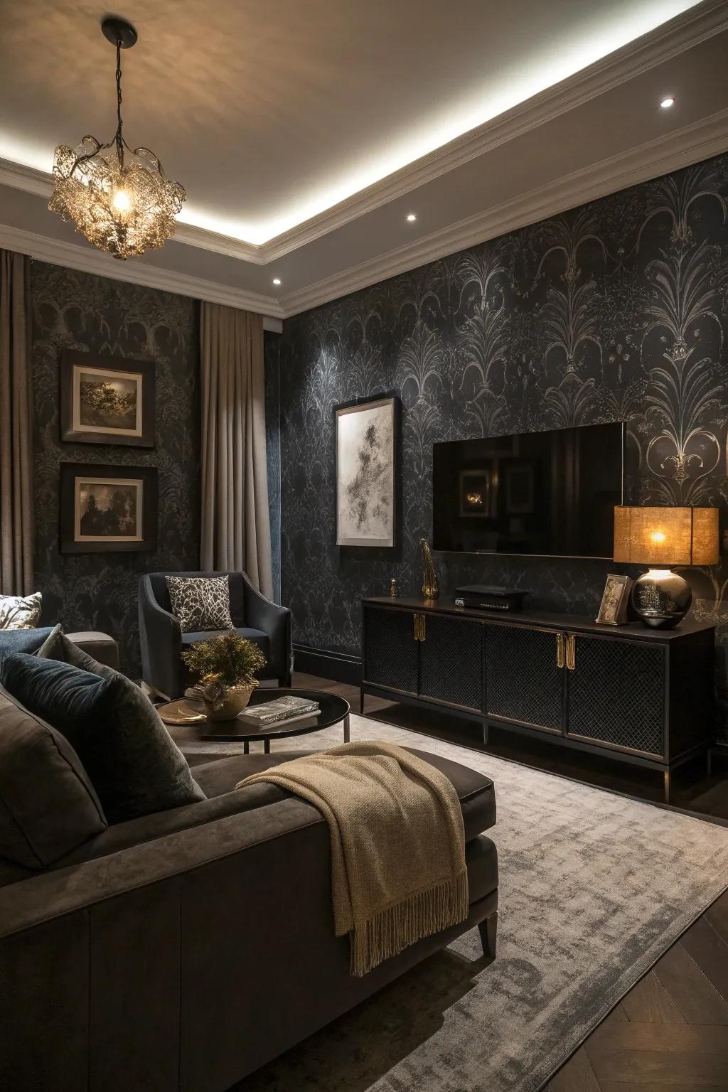 Cultivate drama with somber hues for a sophisticated and intimate setting.