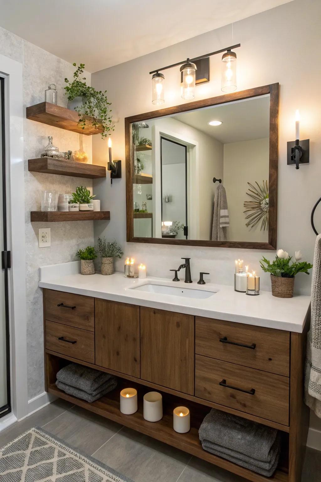 Bolster utility and visual appeal within your bathroom by using unconventional shelving units.