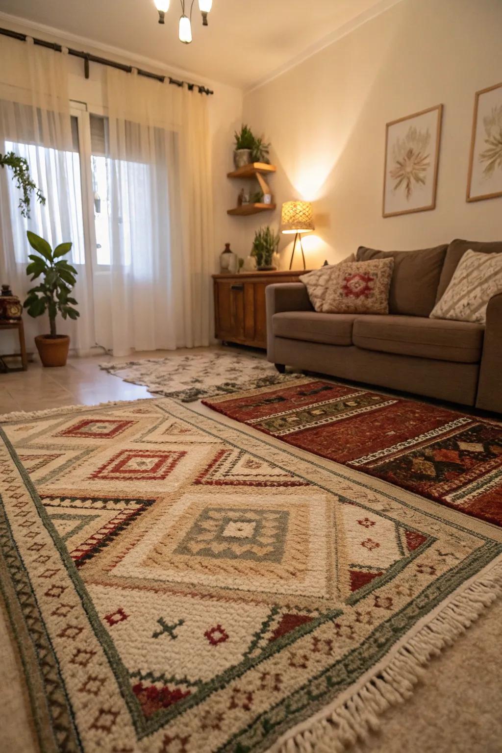 Arranged ground coverings introduce dimension and comfort to a neutral living room.