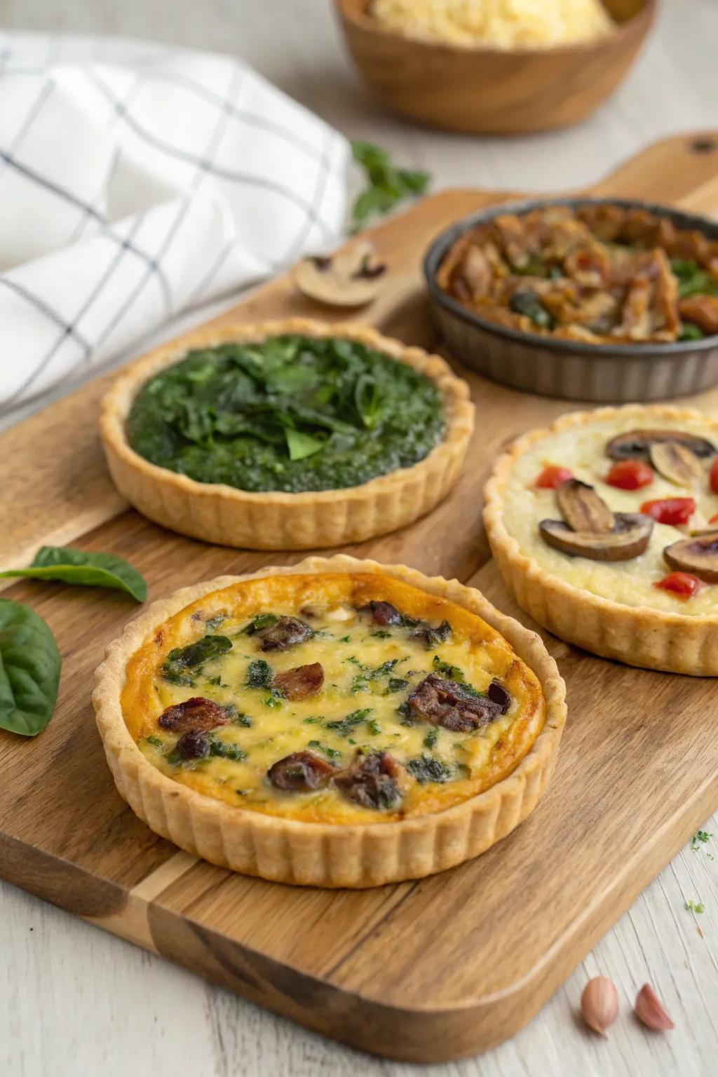 Delightful savory quiches presenting a variety of fillings, ideal for a wedding breakfast setting.