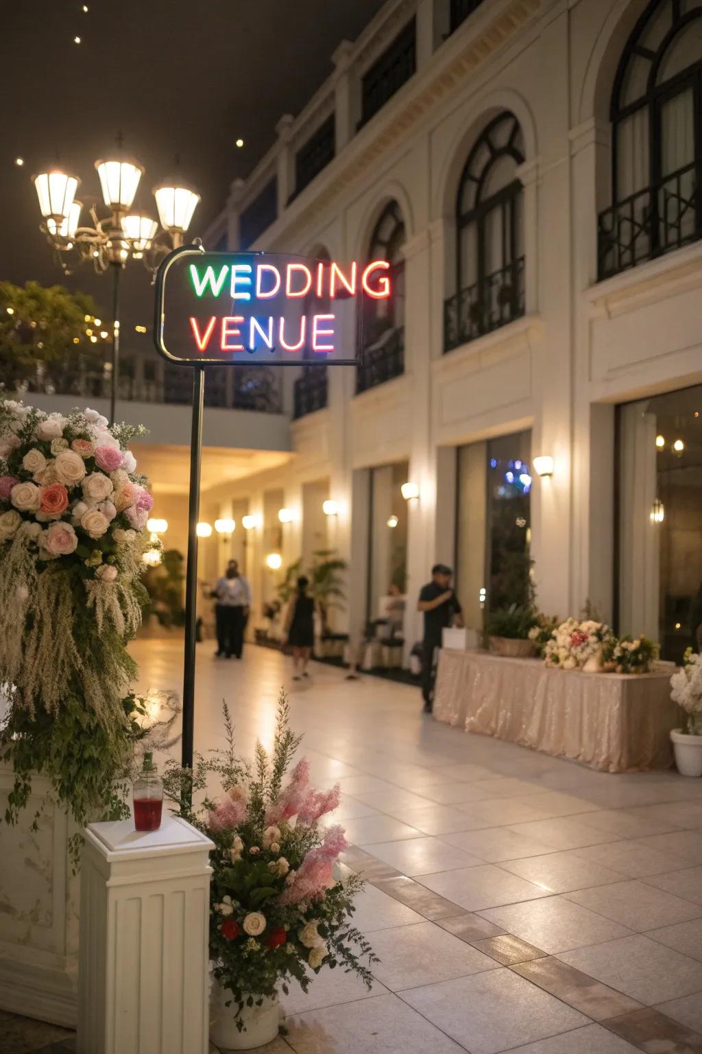 A statement luminous inscription introduces modern flair to any wedding.