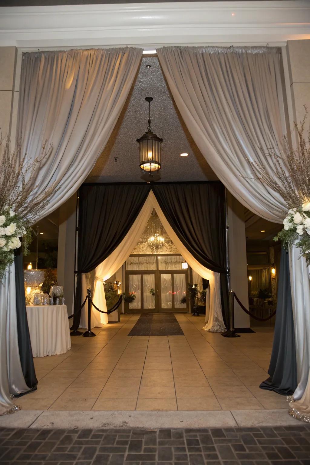Make an elegant initial impression through dramatic drapery at the entrance.