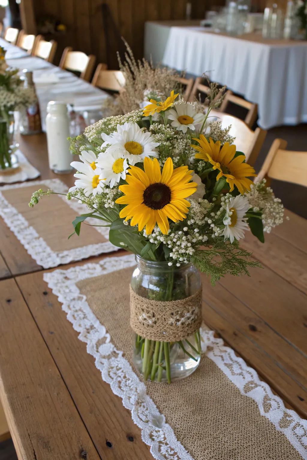 Homespun barn aesthetic featuring daisies and sunflowers