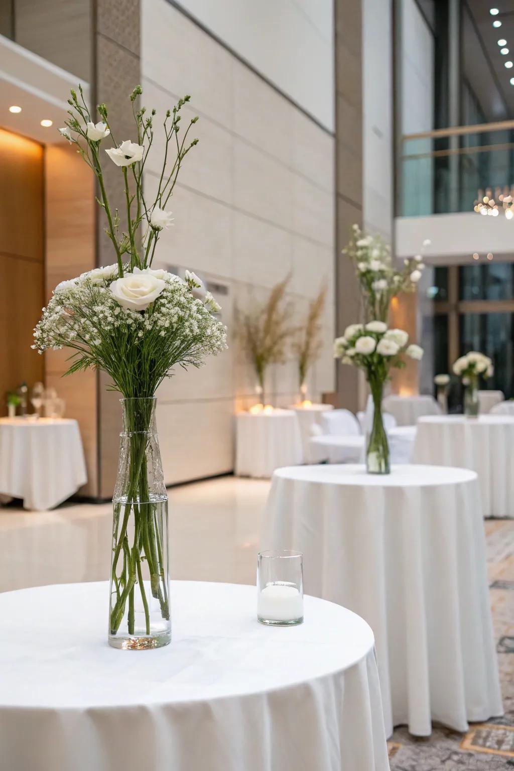 Minimalist single-stem arrangements, presenting a chic and sophisticated visual for a modern wedding.