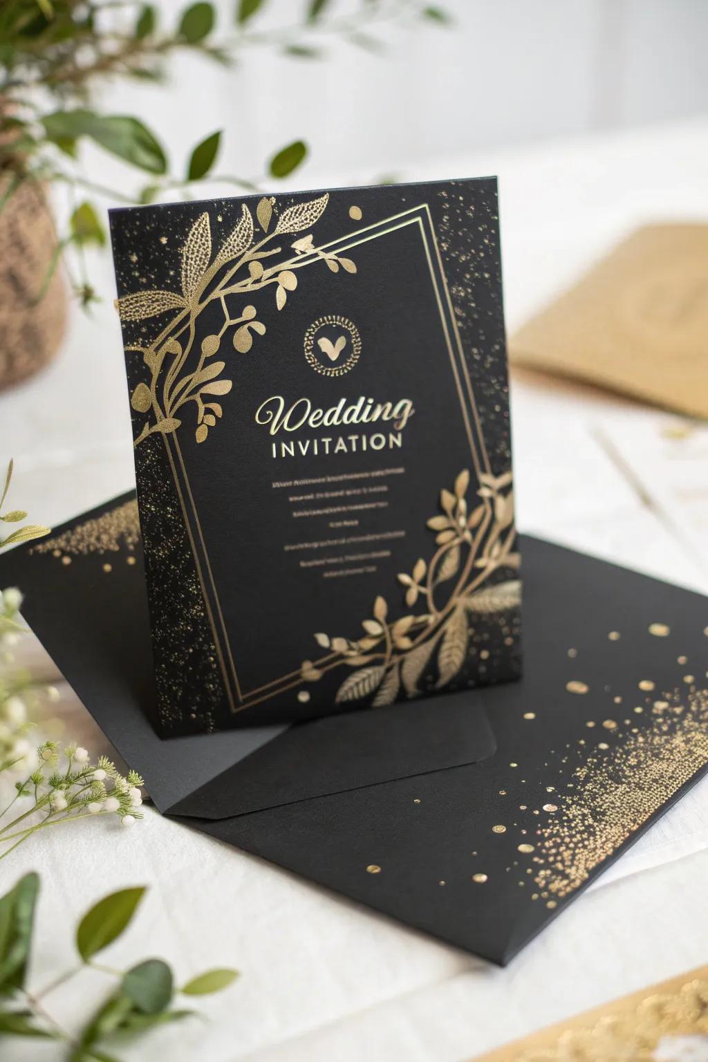 An invitation featuring gilded foil accents upon a sable card.