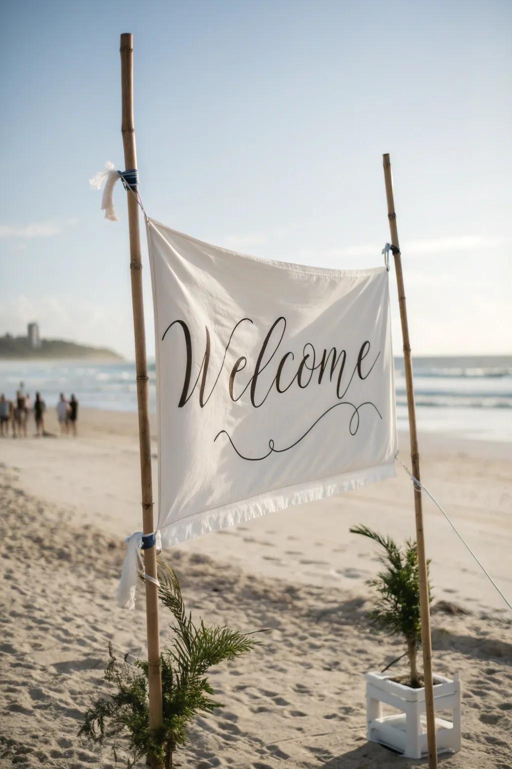 A soft textile banner greeting plaque, suitable for creating a romantic atmosphere at a beach wedding.