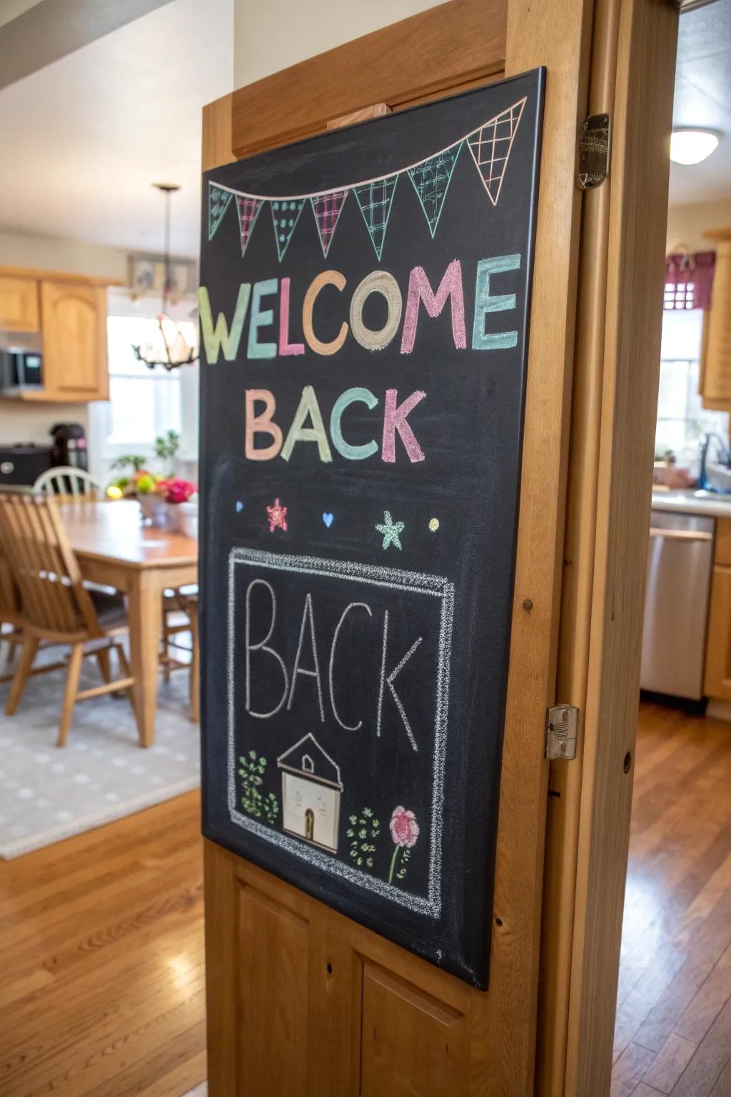 Interactive chalkboard elements proffer personalization in a family kitchen.