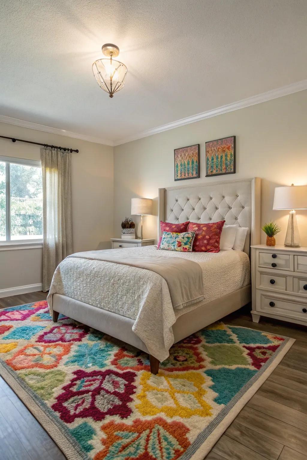 A burst of hue within the floor covering animates and reinvigorates a neutral sleeping chamber setting.