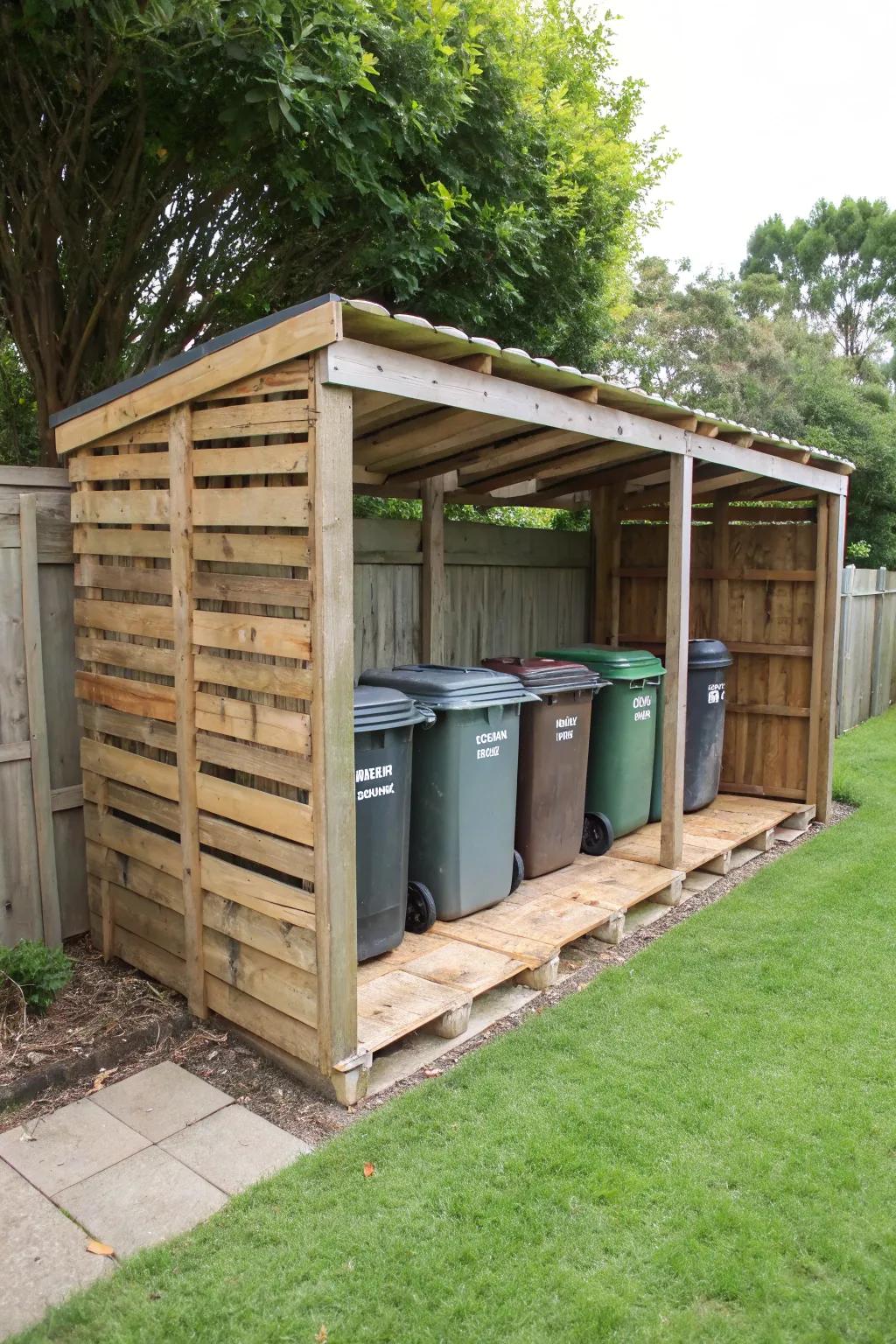 Employ repurposed pallets for a rustic bin store.