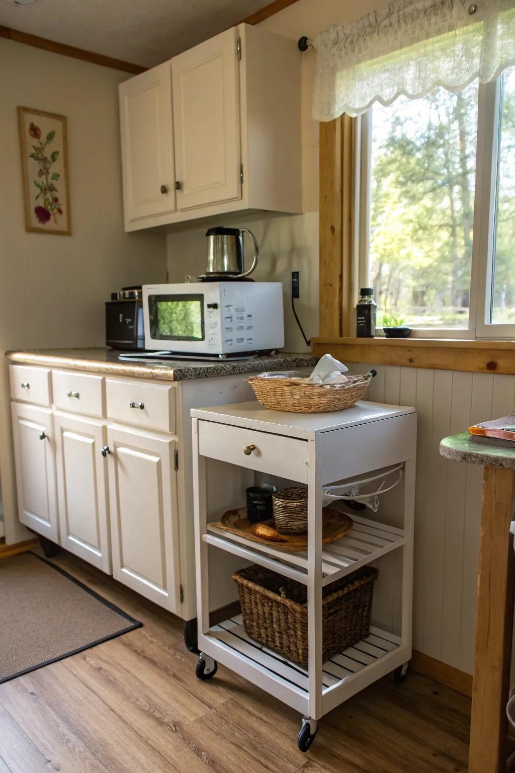 A versatile mobile cart with a microwave for adaptable kitchen use.