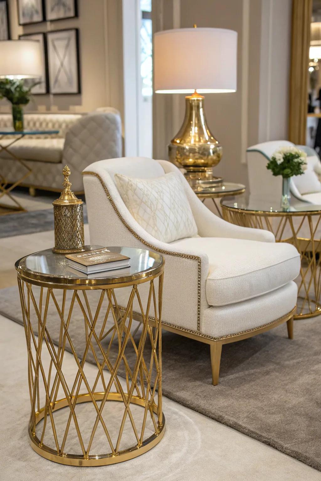 Gold-edged side tables combine function with flair.