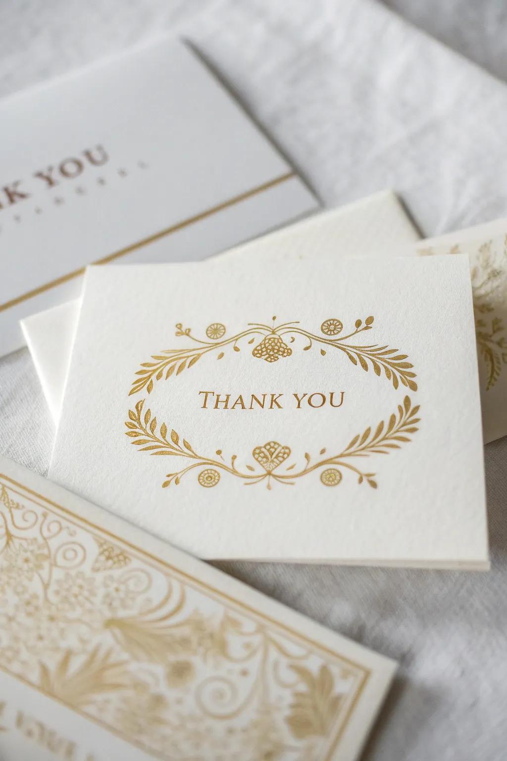 Thank you notes exhibiting gilded impressions for an elegant adieu.