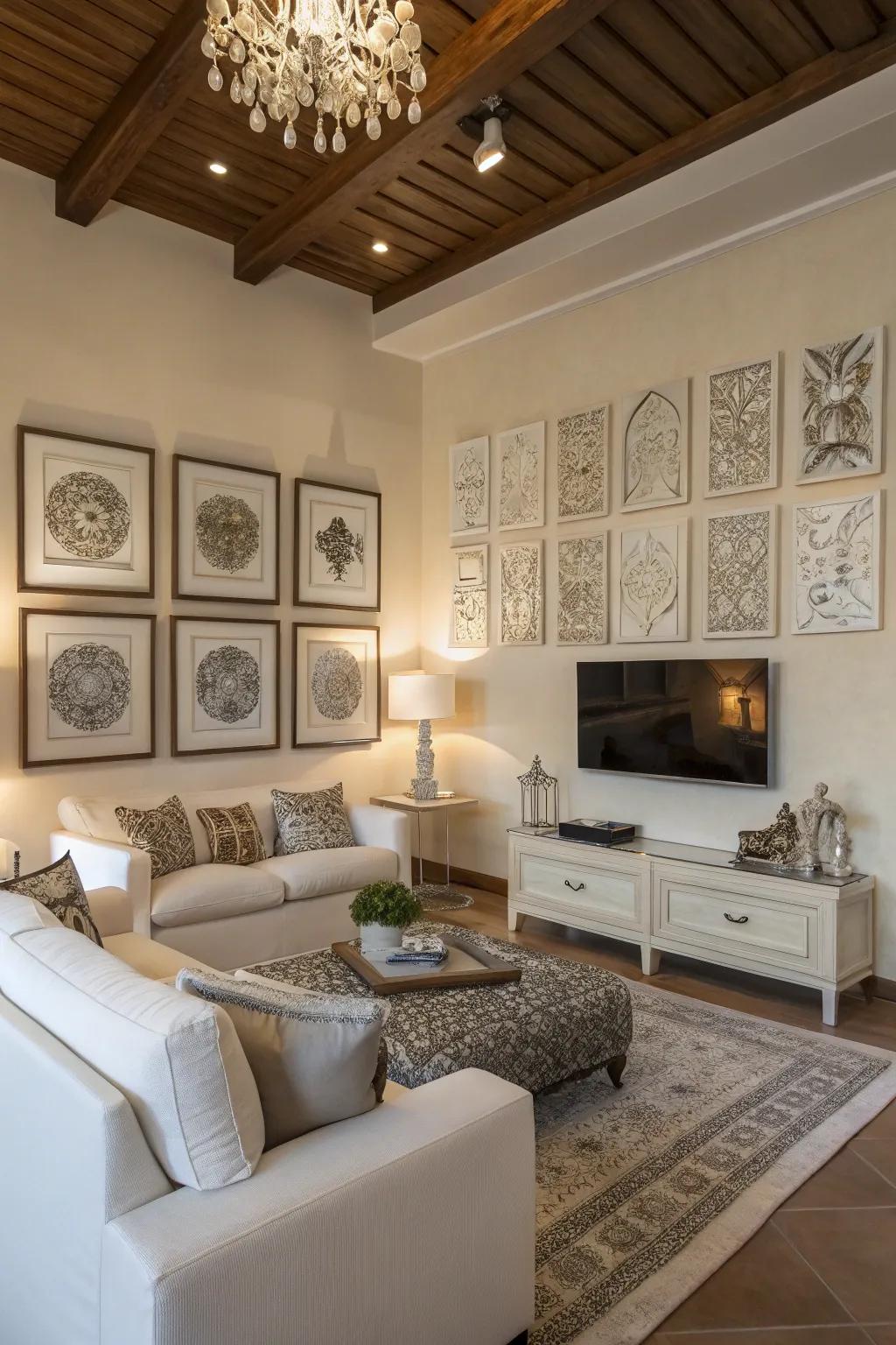 Refine your walls' visual appeal with refined ivory and silver artistic elements.