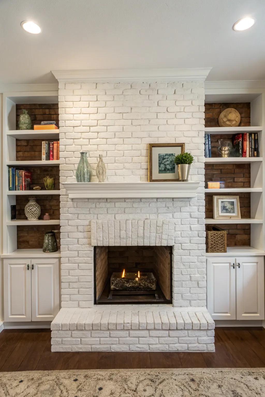 Structured shelves offer storage and design around the fireplace.