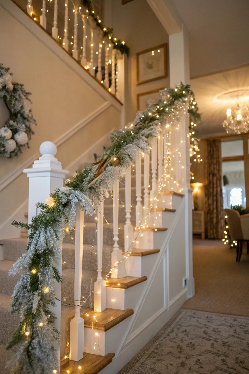 A pristine garland staircase fashions a stunning ingress to your holiday dwelling.
