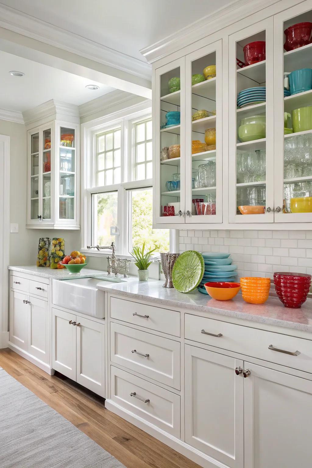 Glass-front cabinets offer elegance and display opportunities.