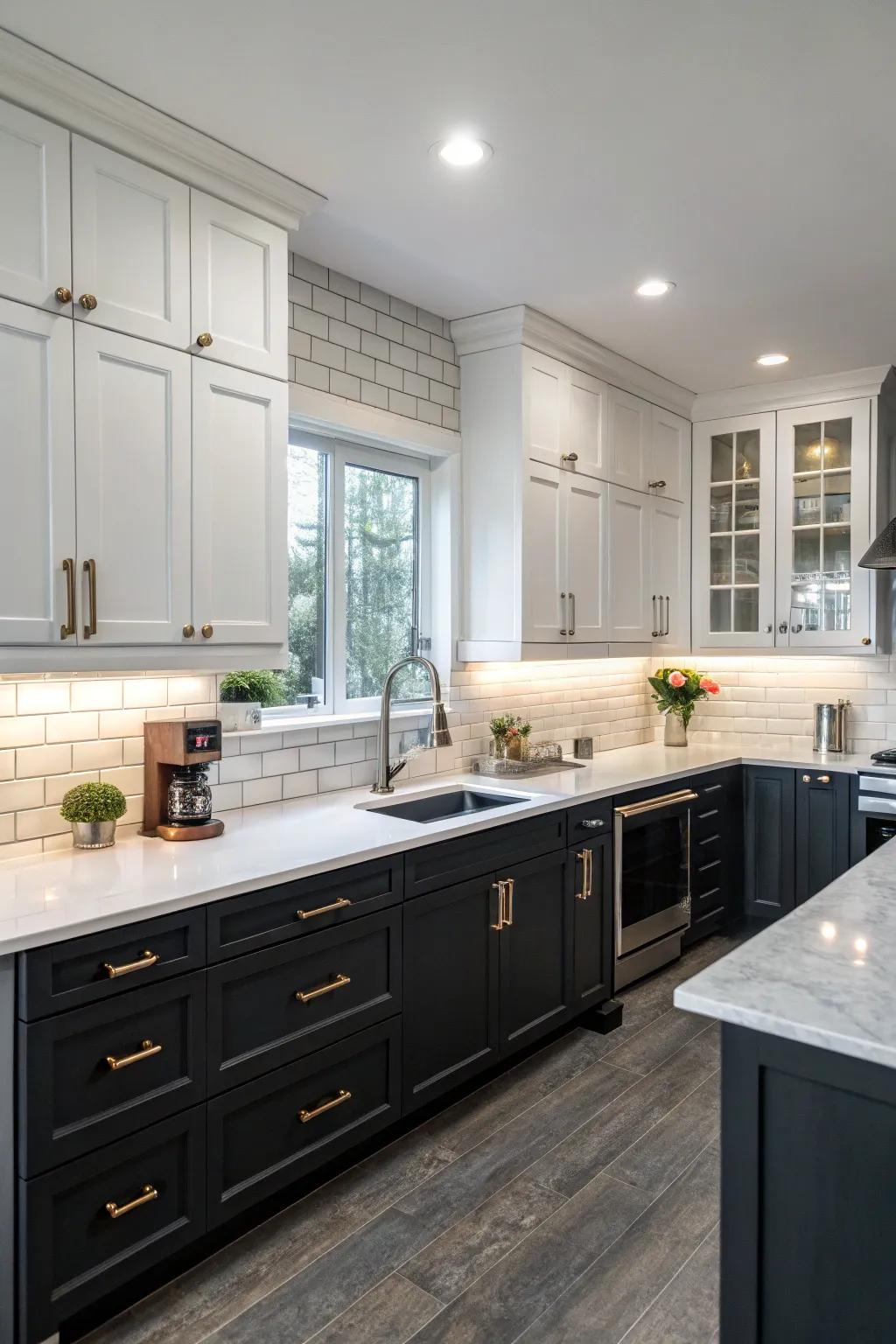 Two-tone cabinetry adds dimension and a grounded feel to the bright kitchen.