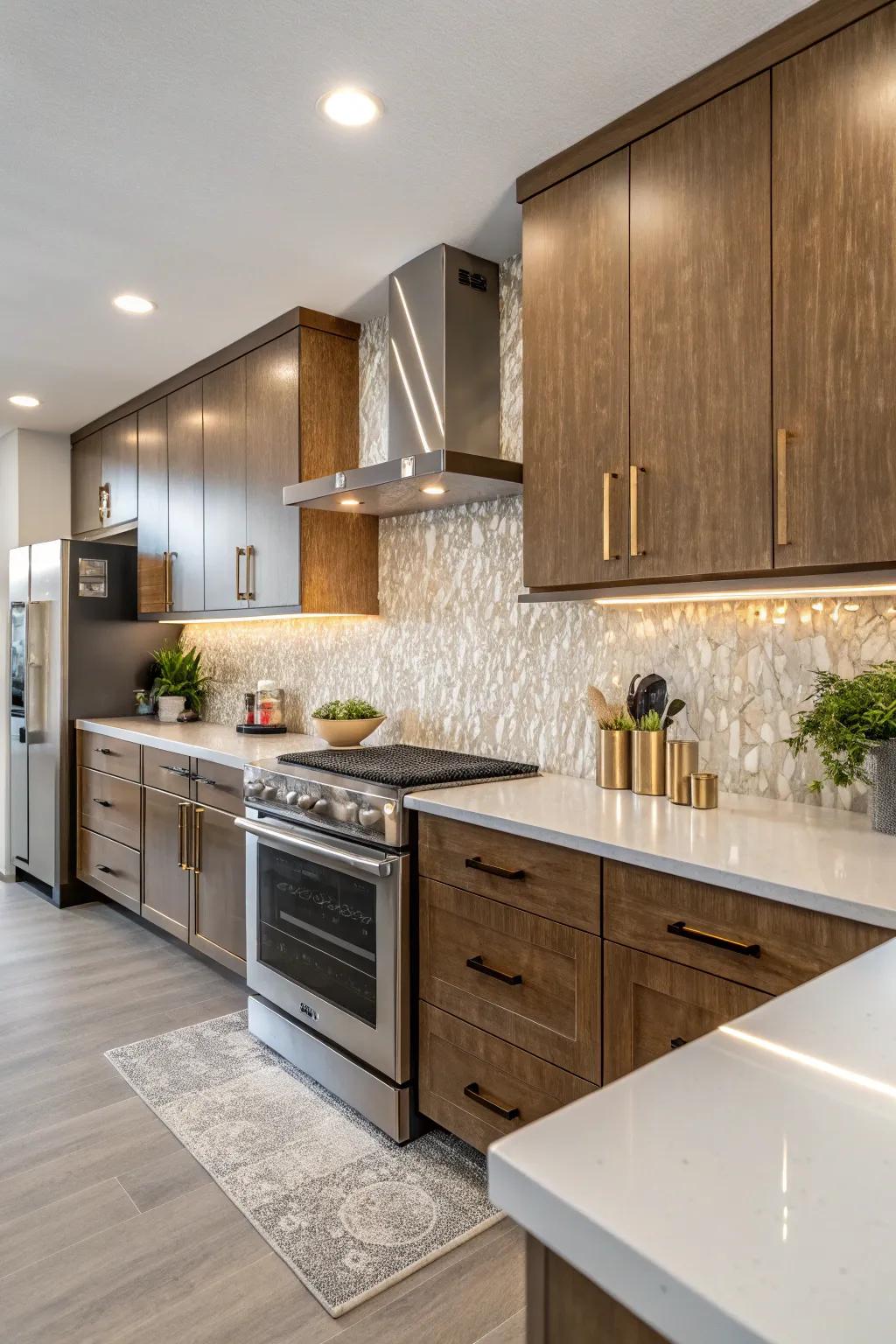 Luxurious kitchen with a mix of quartz backsplash and metallic touches.
