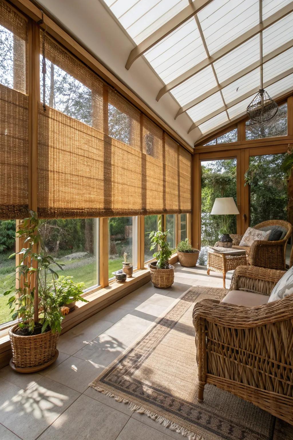 Woven timber window treatments contribute organic texture and warmth.