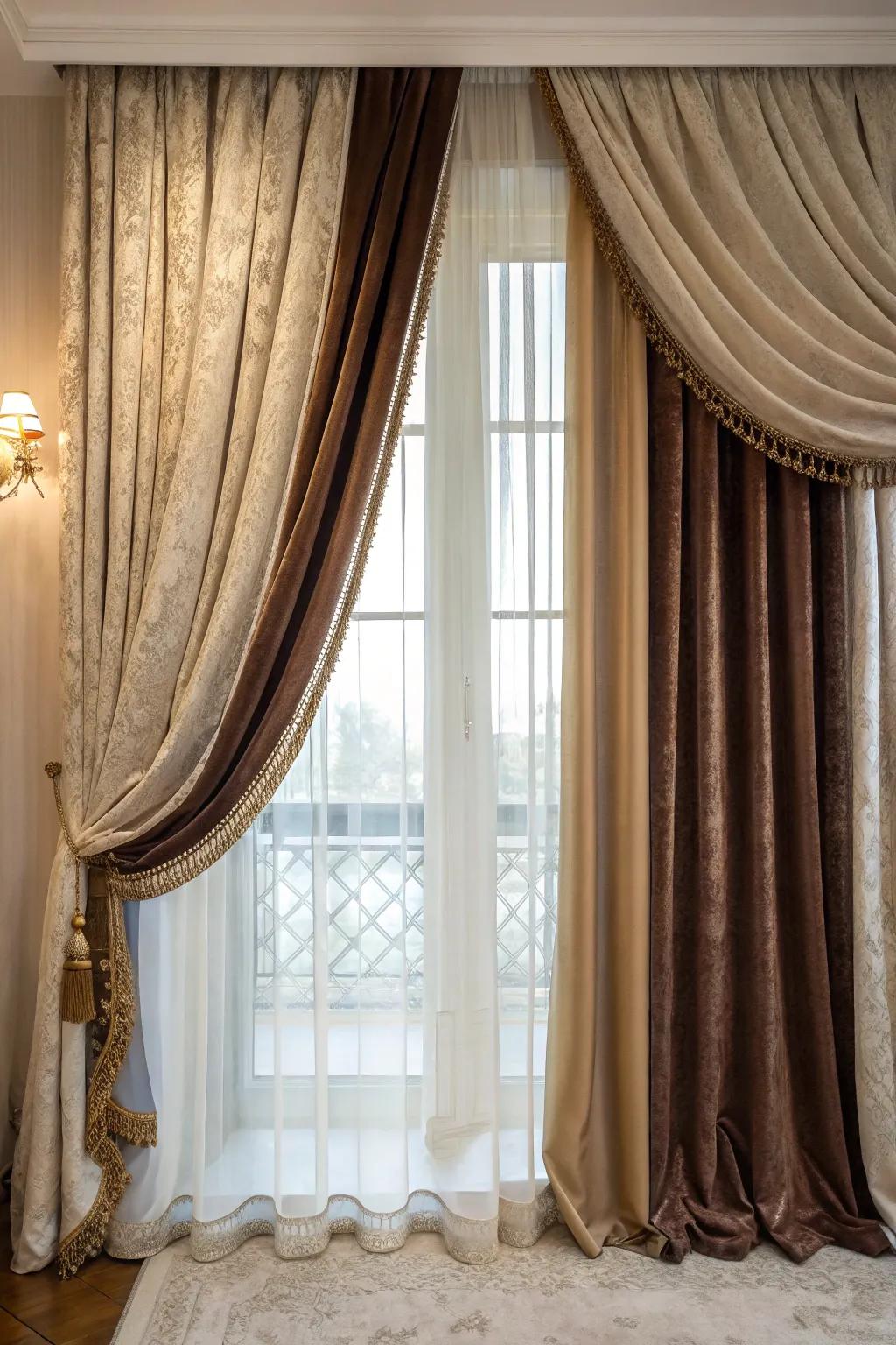 Assembled patterns of velvet and silk append opulence to this window.
