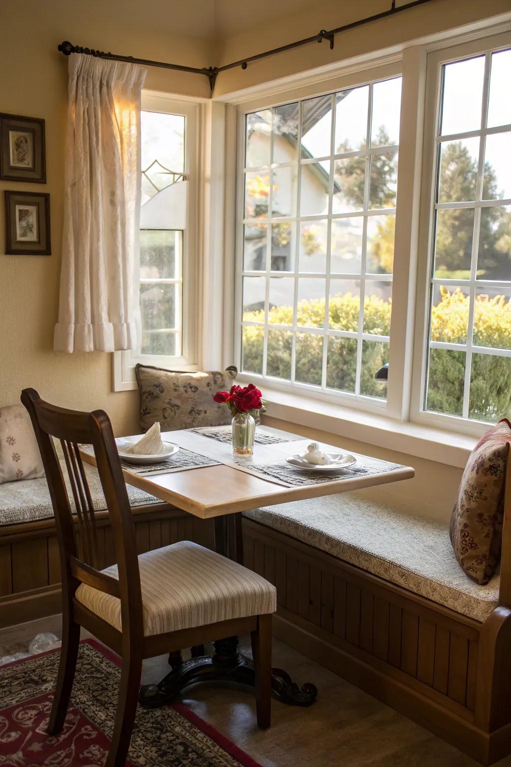 A window seat that you can use for dining at.