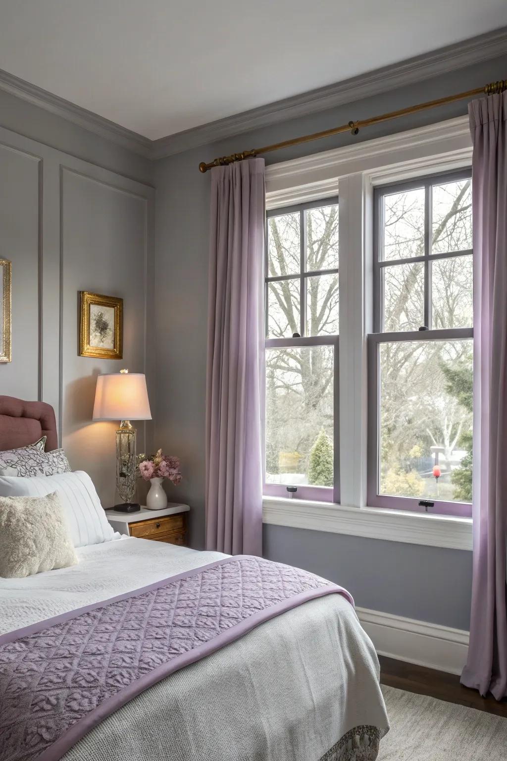 Soft lilac trim imparts a calming feel to a bedroom.