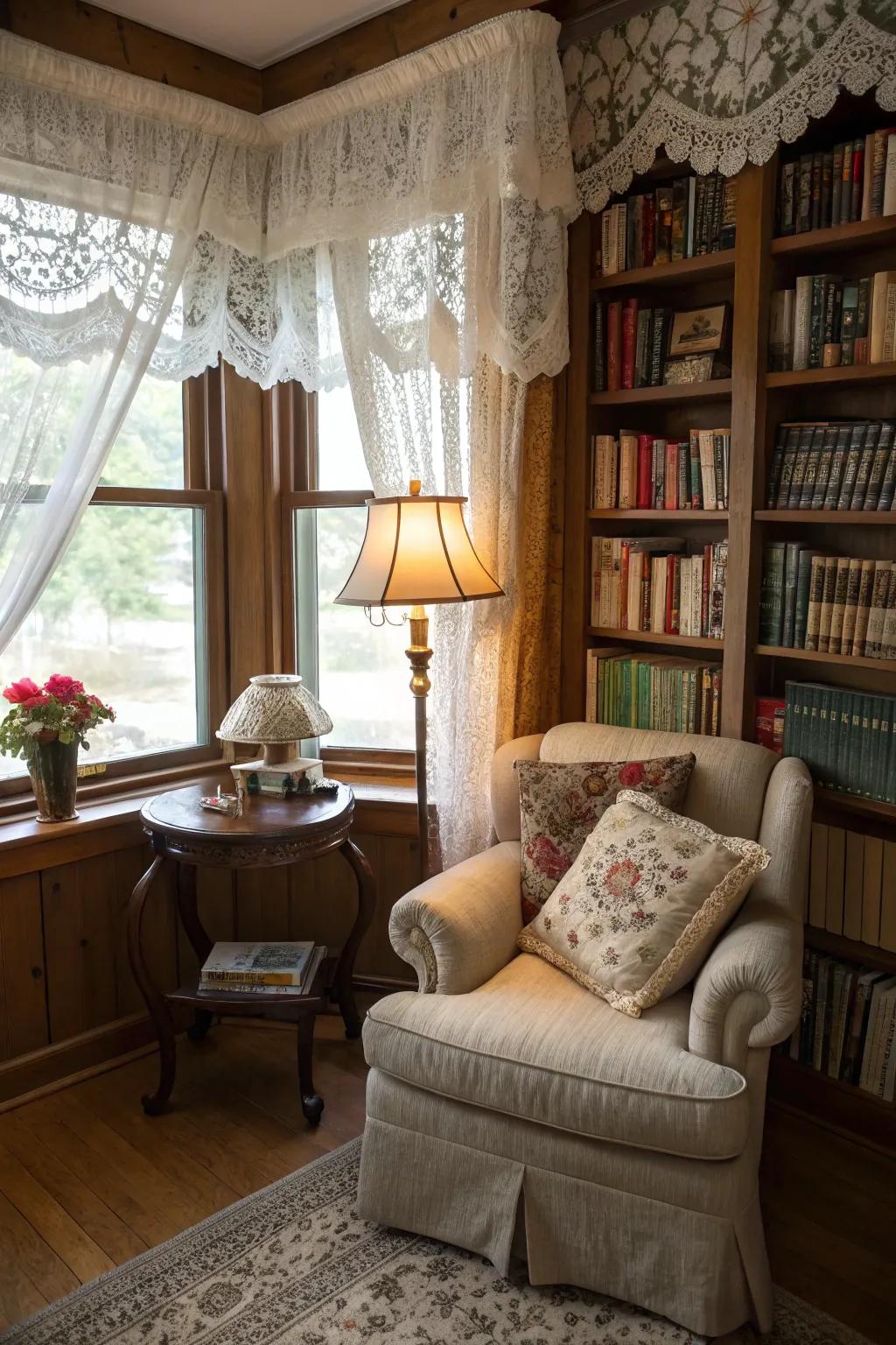 Filament valances append antique charm and soften illumination.
