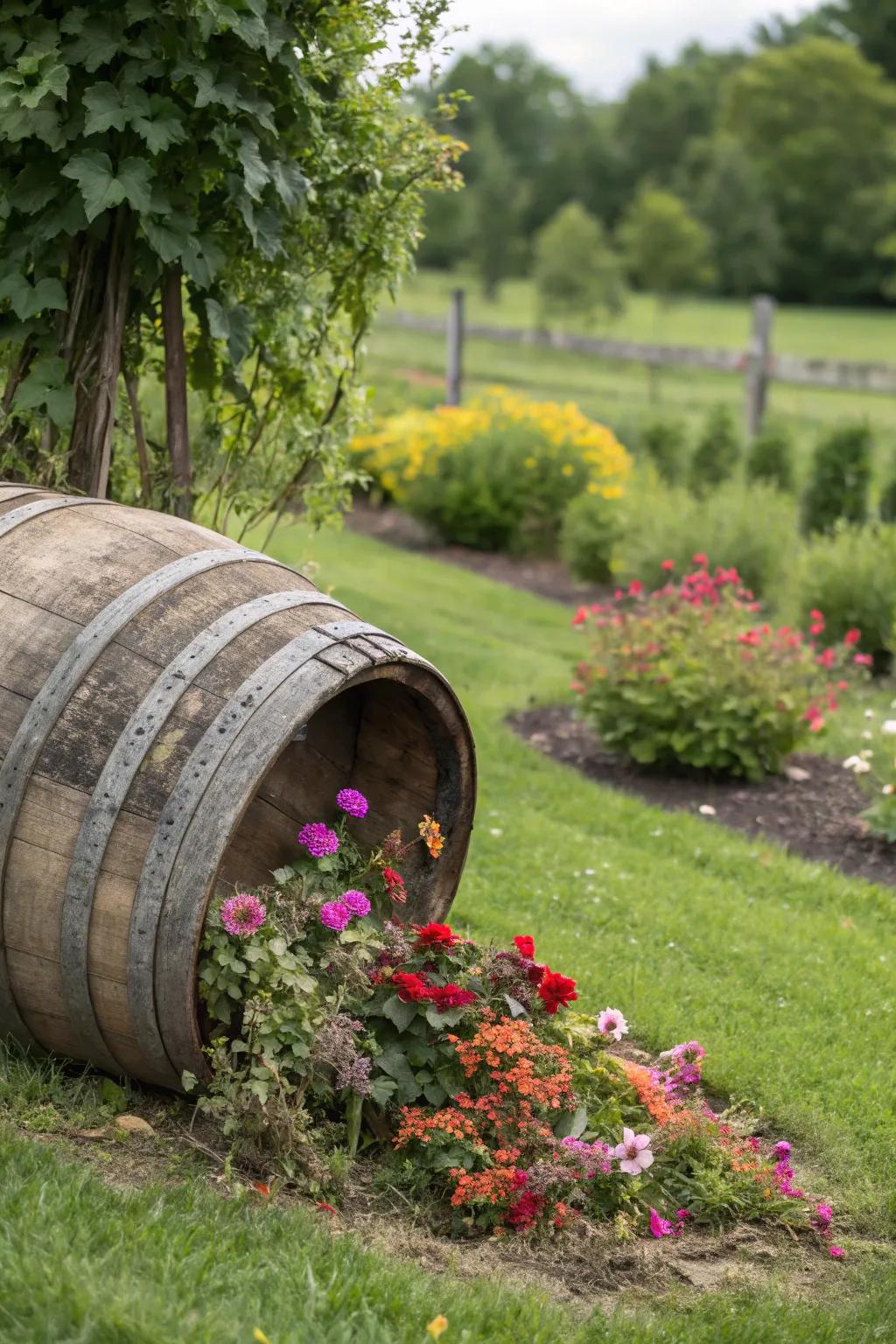 A playful tilted cask cascading flowers.