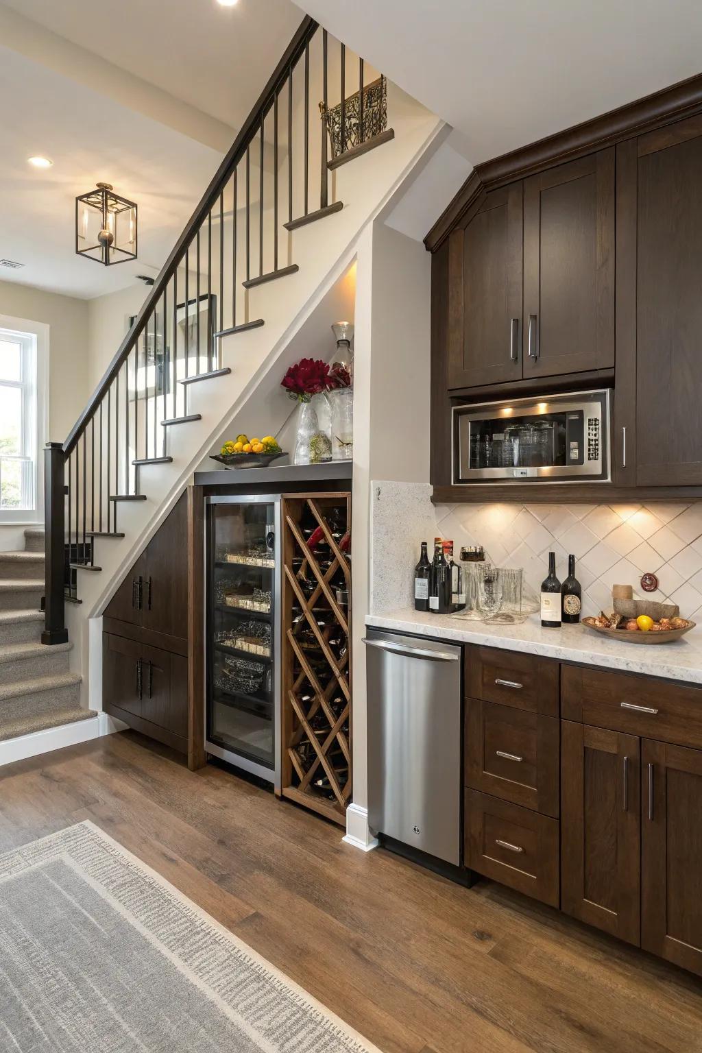 An under-stair wine alcove turns unused space into a remarkable focal point.