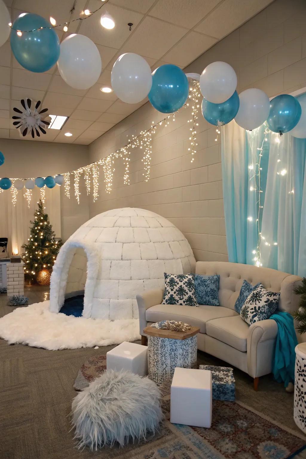 A unique Icy Igloo theme with soft hues and cozy seating.