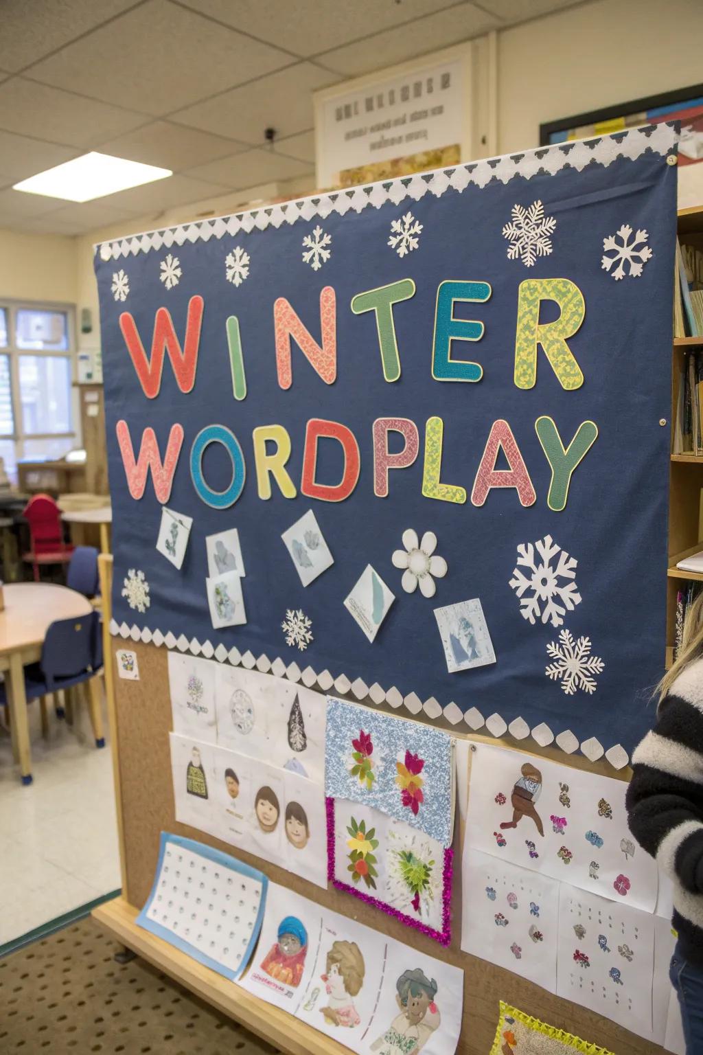 Winter language play infuses a playful linguistic element into the bulletin board.