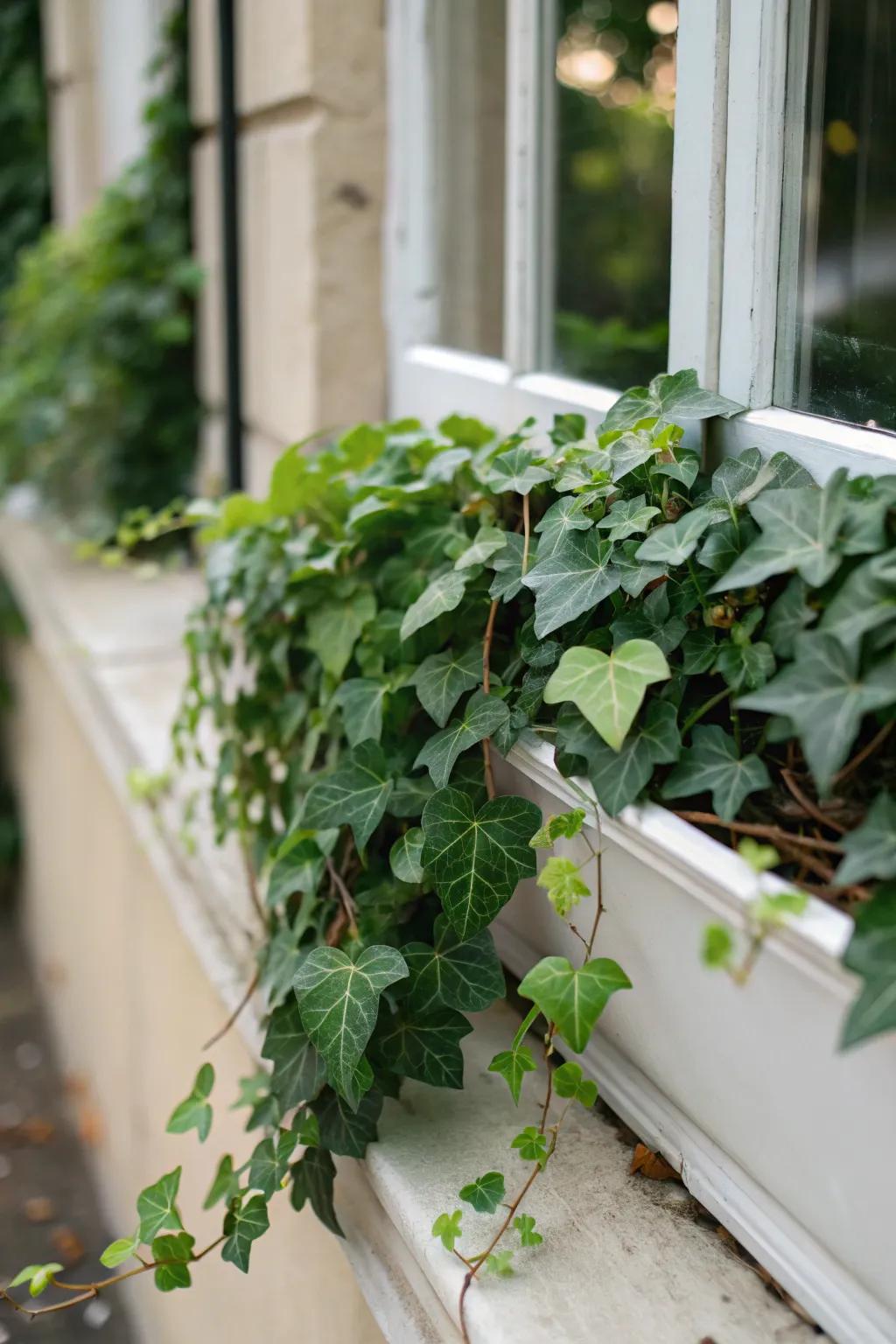 Trailing ivy introduces a touch of sophistication to this winter window box.