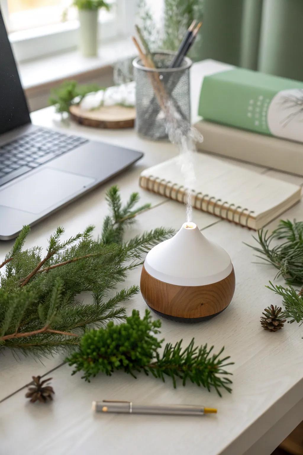 Perfume dispersers introduce the vigor of a winter woodland indoors.