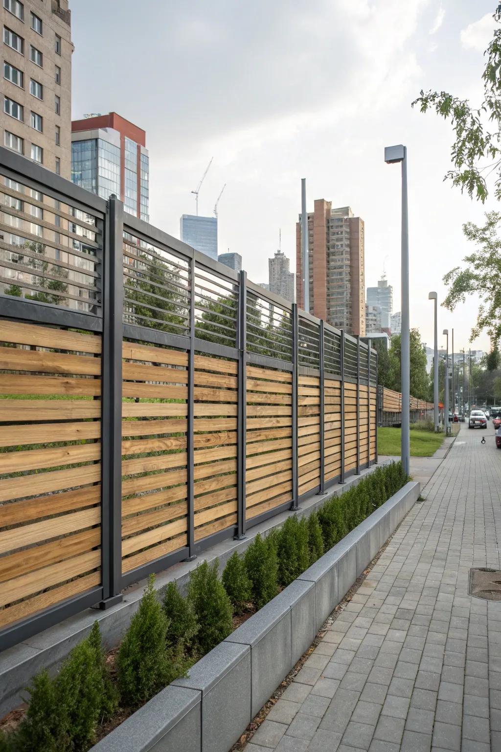 A sleek fence featuring even timber boards and metal edges.