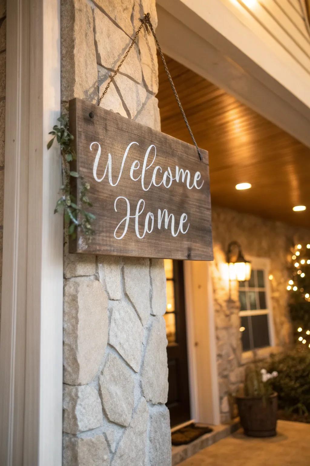 A country-style sign that warmly welcomes guests into your abode.