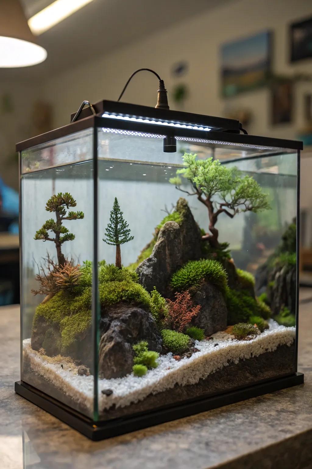Scaled panoramas furnish a charming and intricately detailed aquarium arrangement.