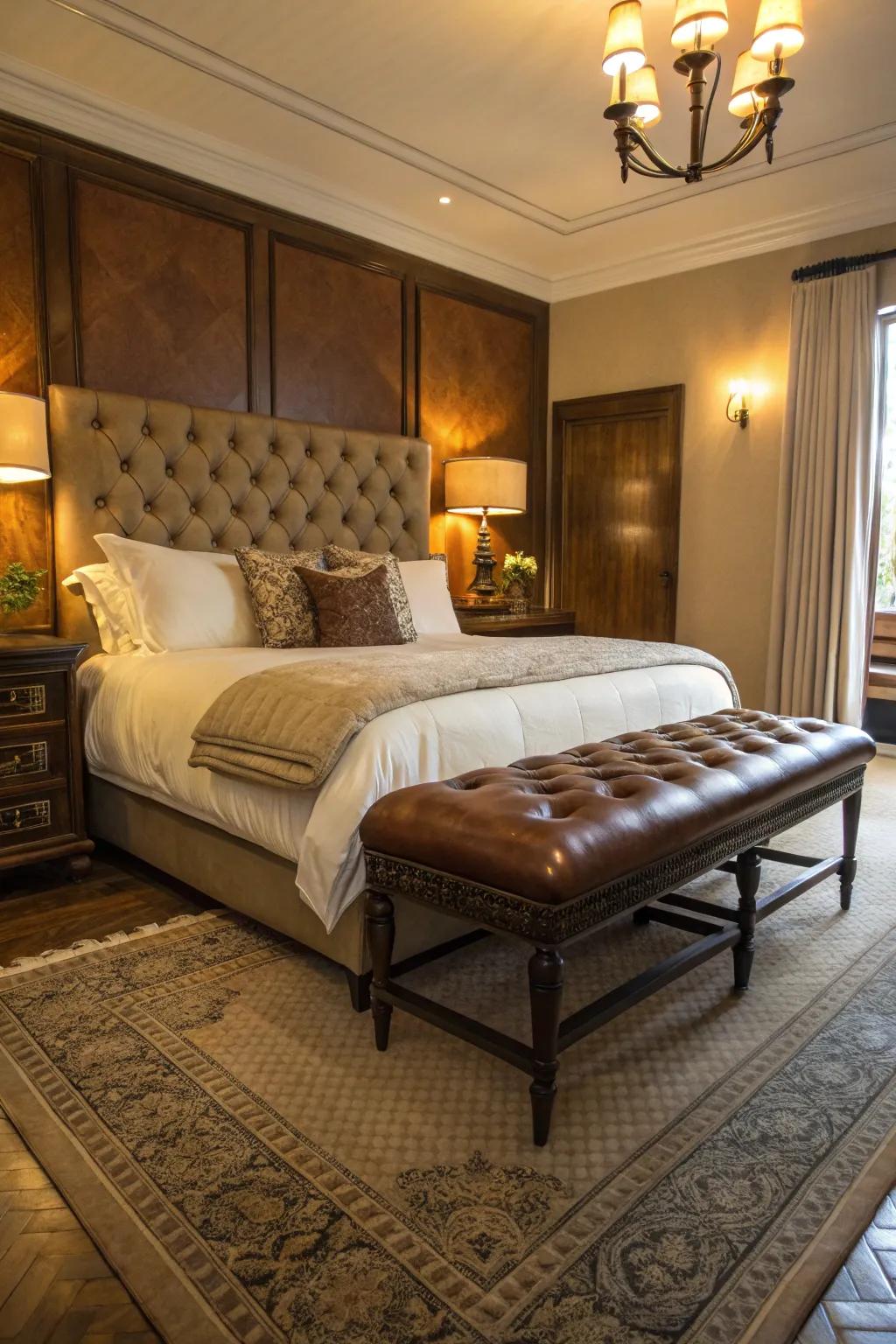 Leather accents introduce sophistication and warmth