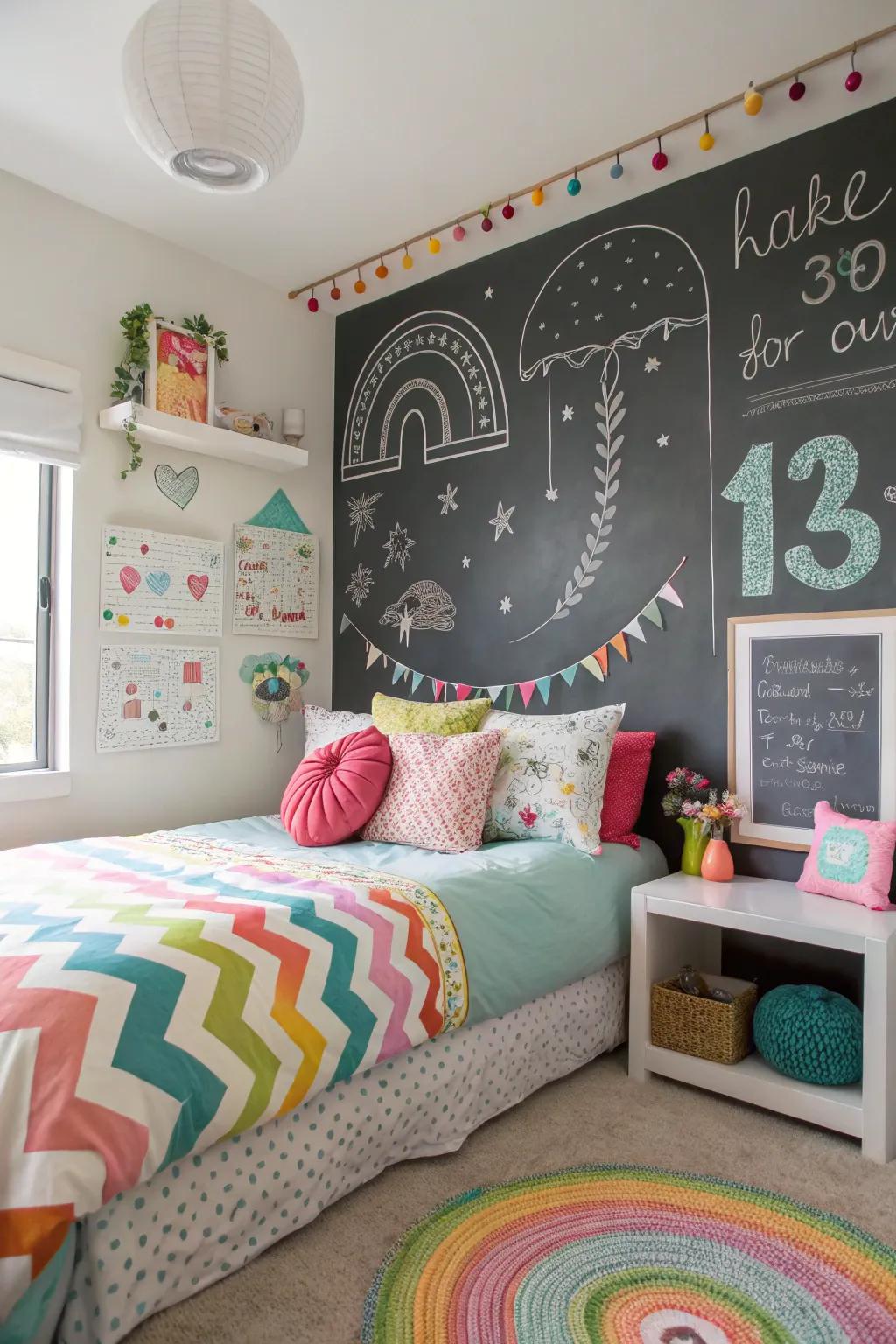 An interactive slate wall encourages creativity and fun.