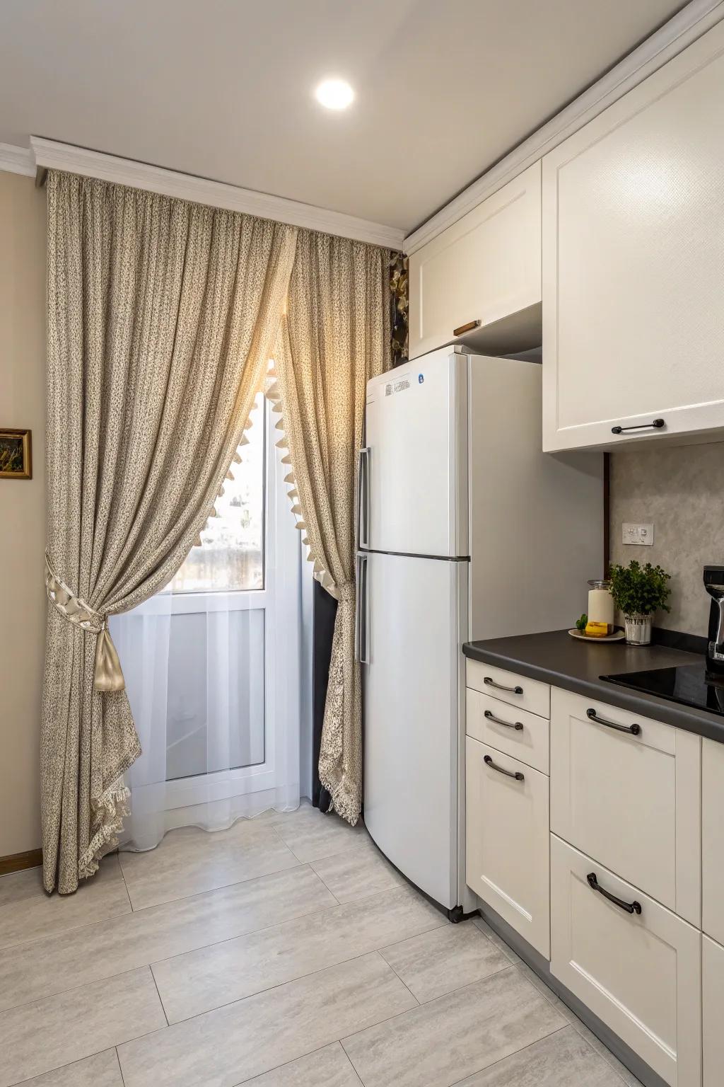 A drape elegantly conceals the space above the fridge.