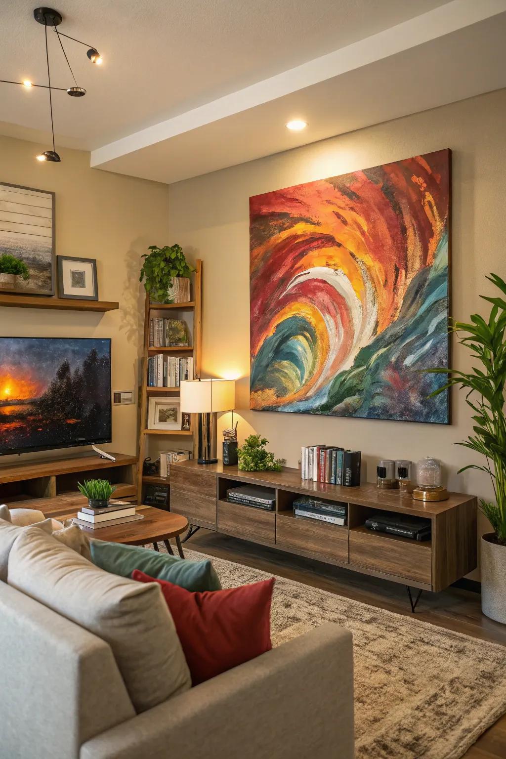 Dimensional components create captivating depth in this living room.