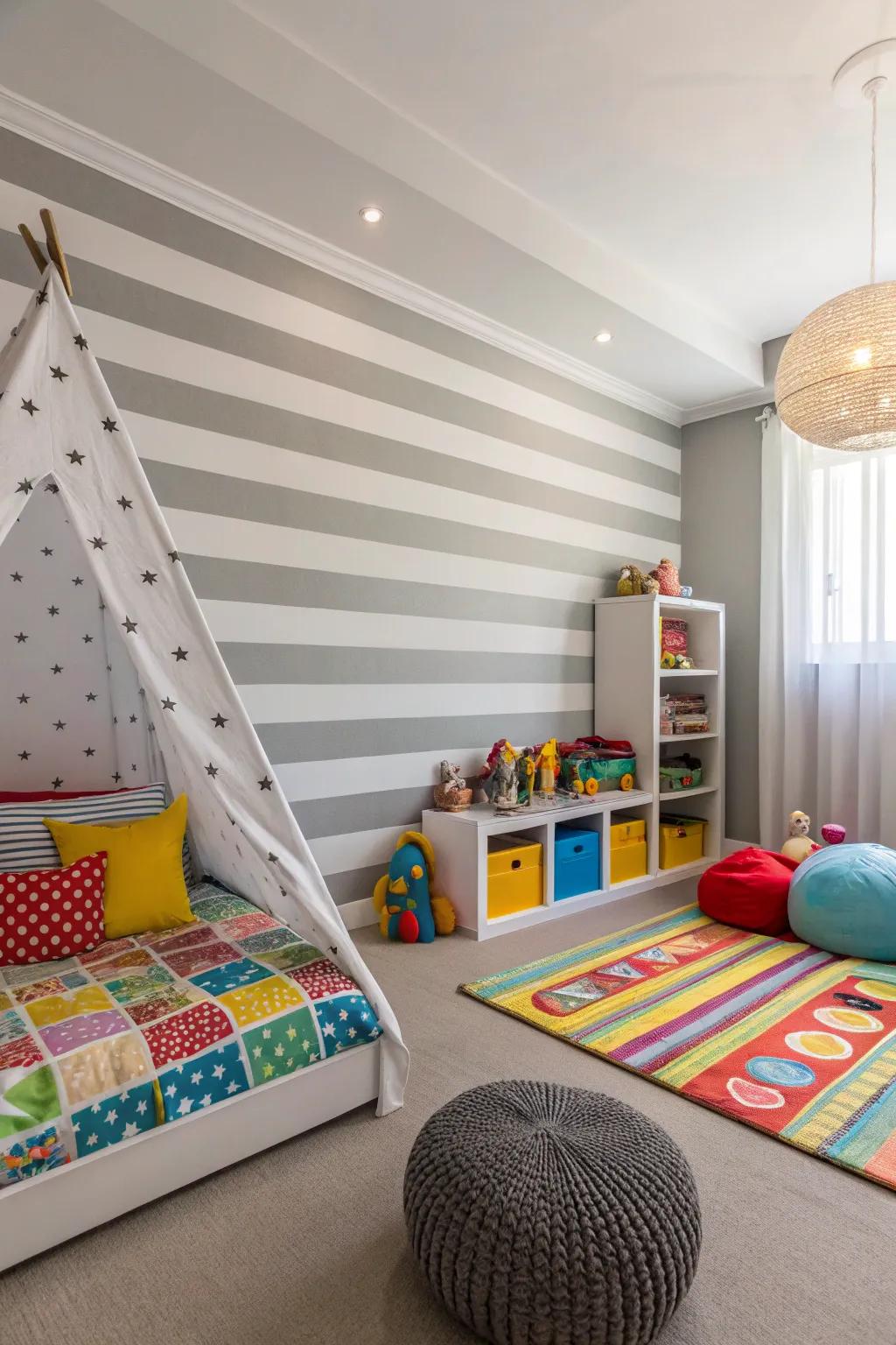 Stripes infuse dynamic energy into a child's quarters.