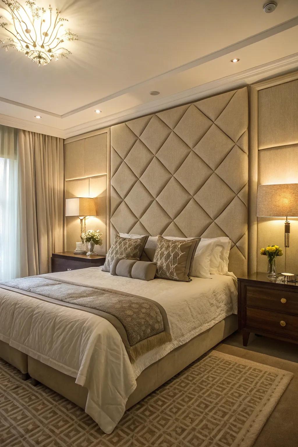 A sleeping chamber featuring fabric-enshrouded boards.