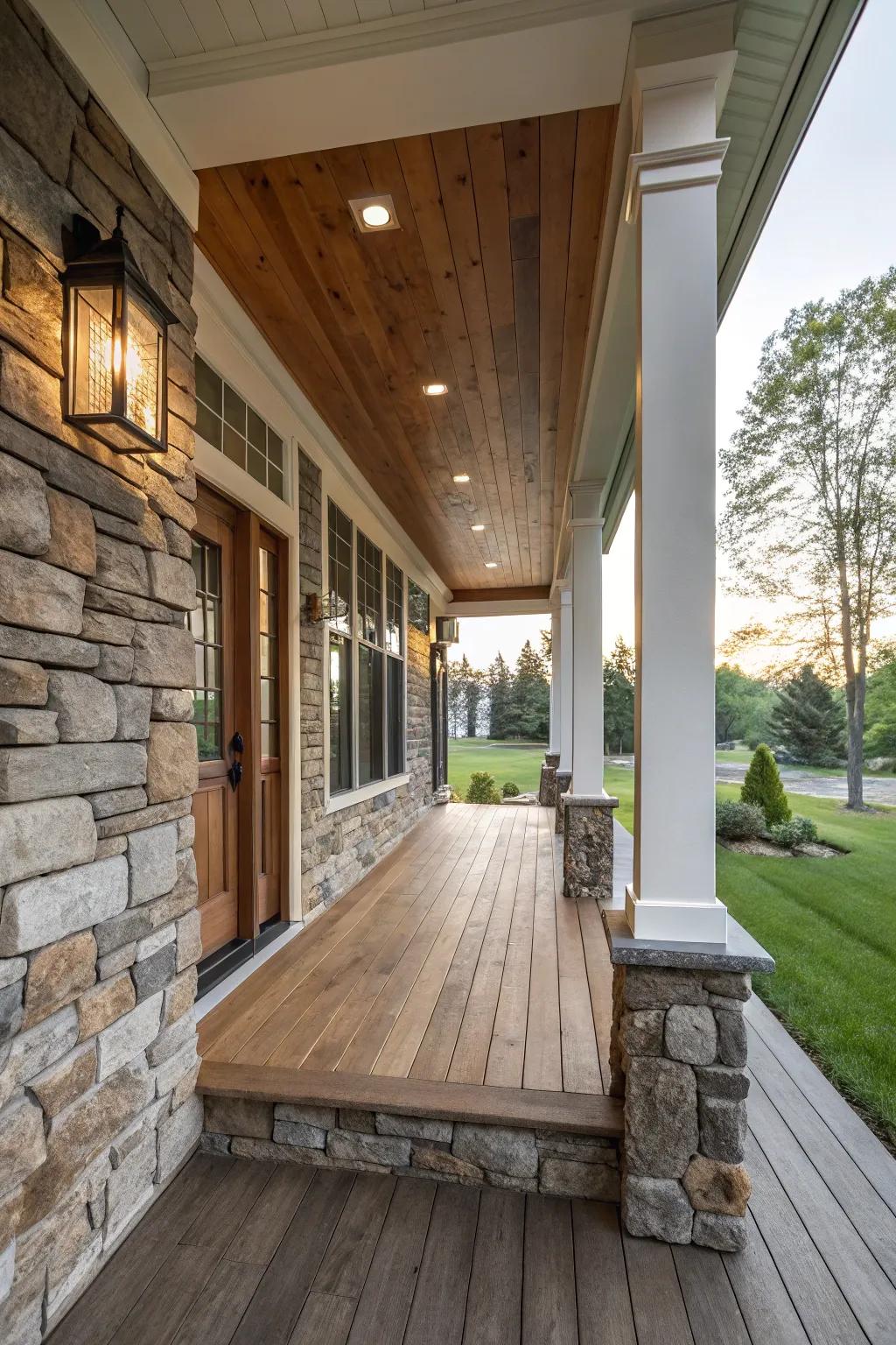 A porch with a visually attractive mix of materials.