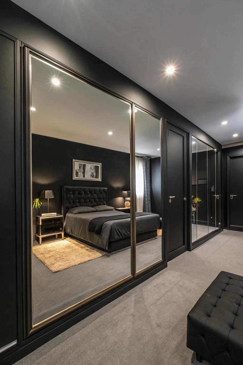 A black bedroom with strategically placed glassware to enhance space.