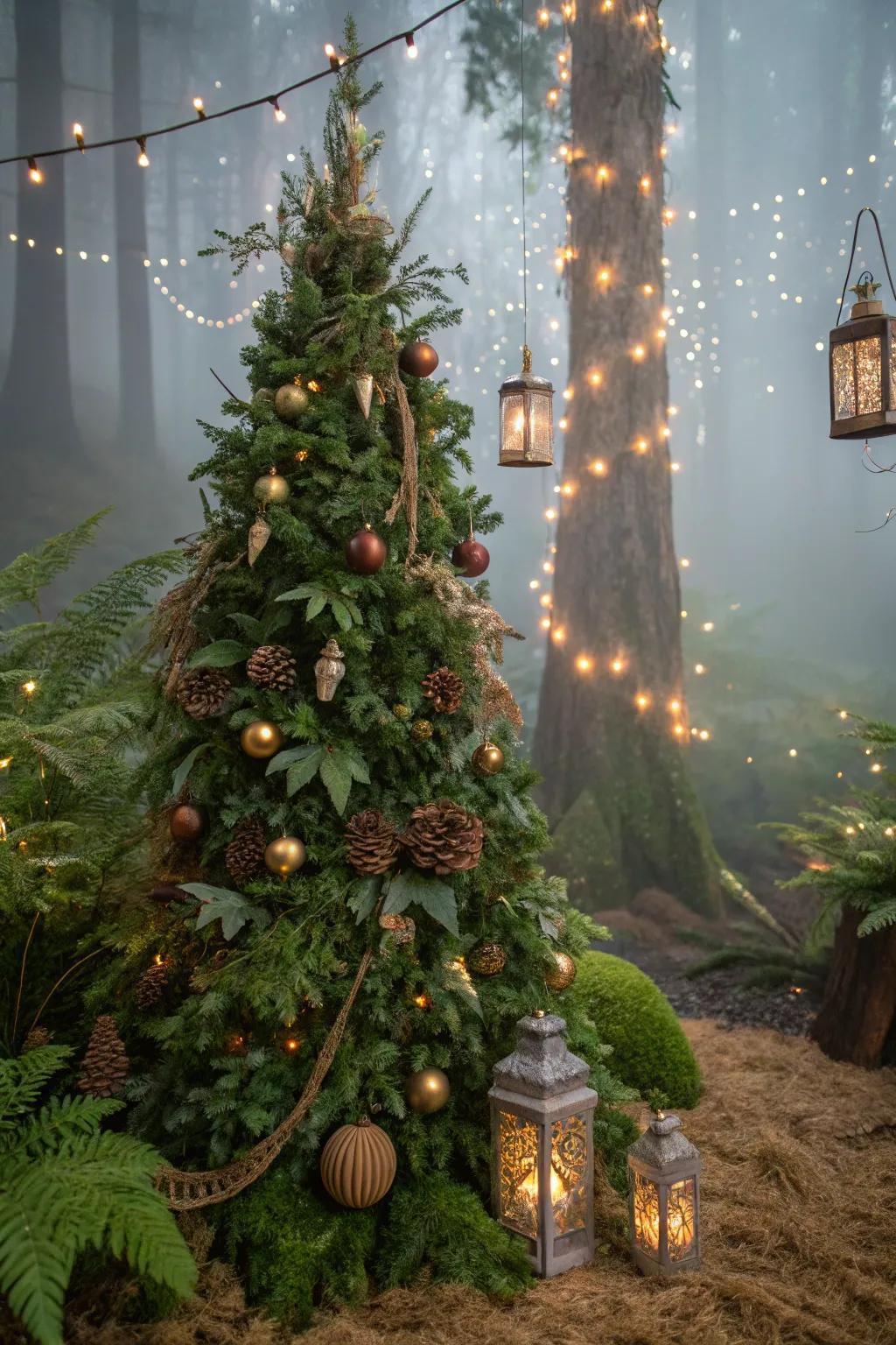 An enchanted forest-themed Christmas tree featuring magical woodland elements.