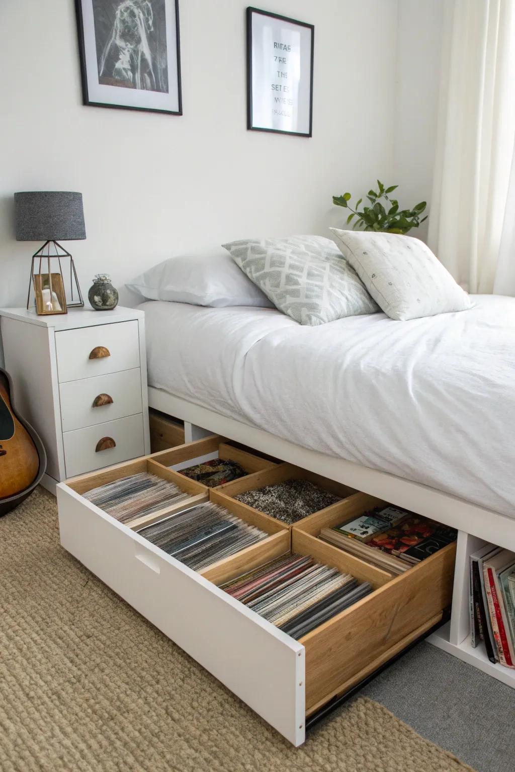 Under-bed storage boxes keeping vinyl records safely hidden.