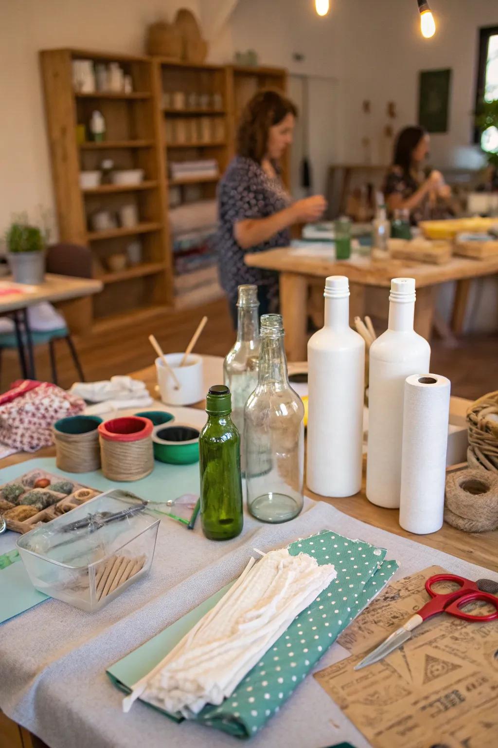 A creative space for crafting green Halloween decorations.